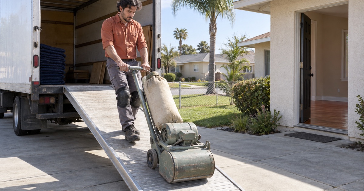 Worker rolling a drum floor sander down a steel ramp from a plain work truck outside a single-story stucco house in Baldwin Park.