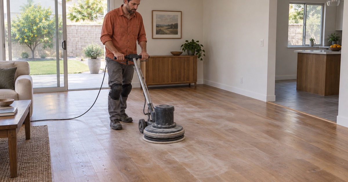 Worker lightly screening a worn engineered oak floor with a floor buffer in a Baldwin Park home, keeping the thin wear layer intact.