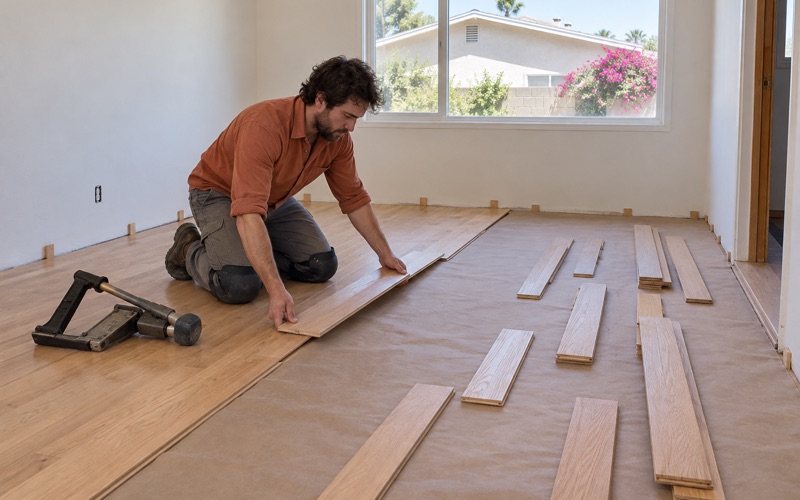 Worker lowering a solid white oak board into place, tongue into groove, over paper-covered subfloor in a Baldwin Park house.