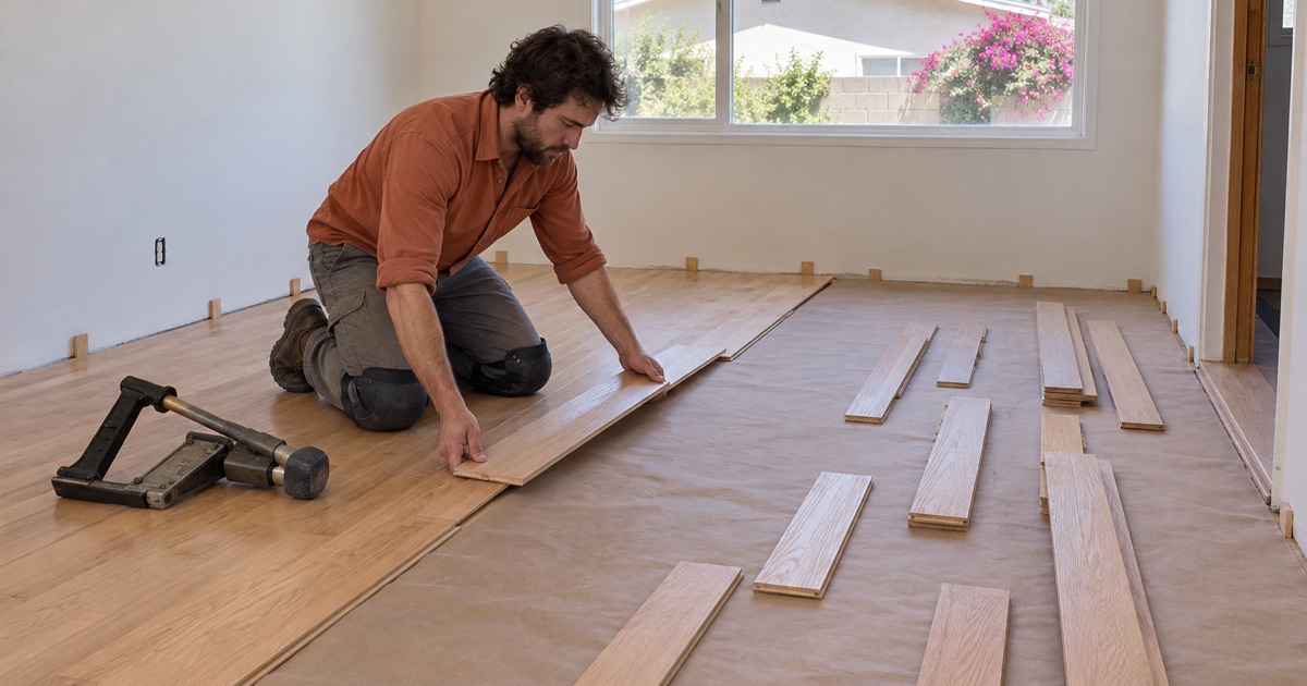Worker lowering a solid white oak board into place, tongue into groove, over paper-covered subfloor in a Baldwin Park house.