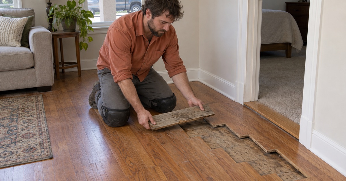Worker lifting a split oak board out of a Baldwin Park floor, the opening already cut in staggered steps so new boards weave in with no straight seam.