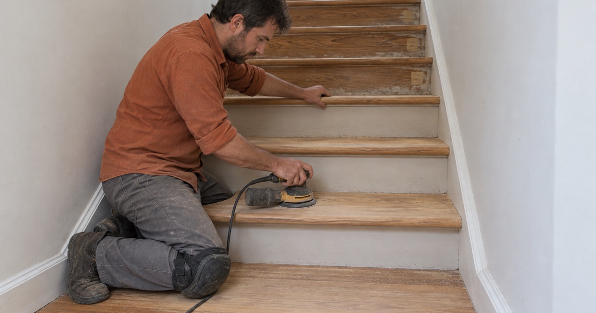 Worker sanding a red oak stair tread by hand in a Baldwin Park townhome after the stair carpet came off, the nosing overhanging each riser.