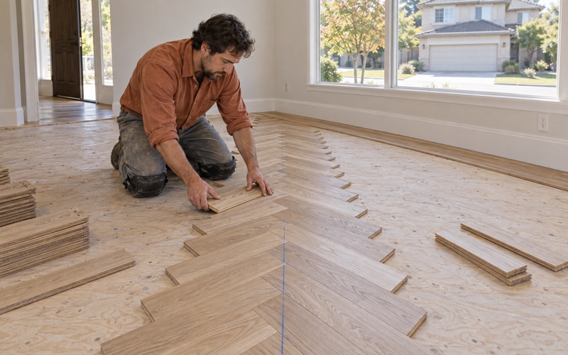 Worker setting white oak herringbone slats along a centerline in a Baldwin Park living room, a straight border board framing the pattern.