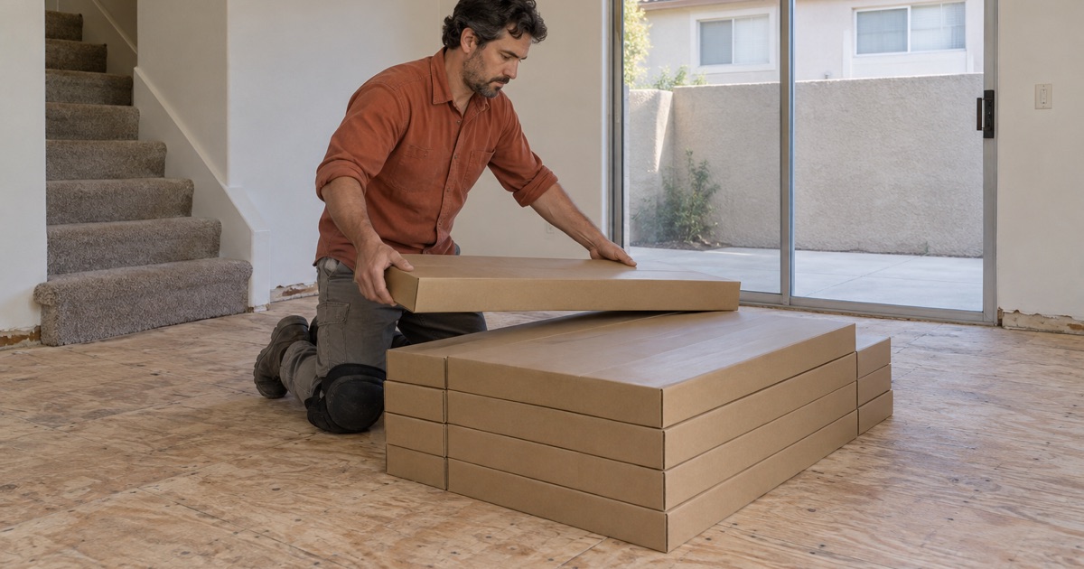 Worker stacking cartons of new engineered oak flooring in an empty 1980s townhome-style unit in Baldwin Park, ready to acclimate before installation.