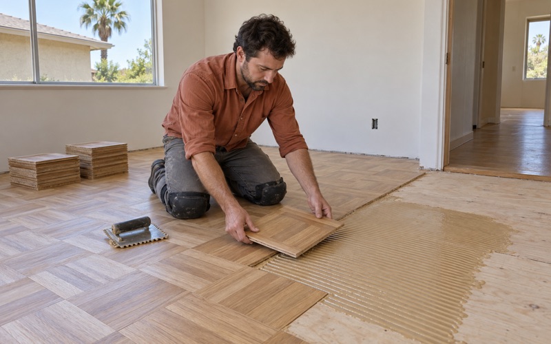 Worker setting a new oak parquet block into fresh adhesive in a Baldwin Park room, the finger-block pattern spreading across the floor.