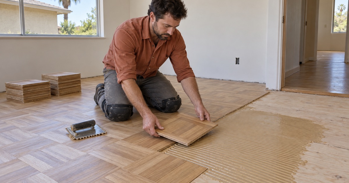 Worker setting a new oak parquet block into fresh adhesive in a Baldwin Park room, the finger-block pattern spreading across the floor.