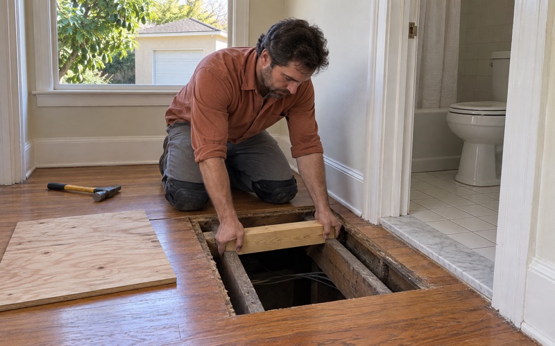 Worker fitting a length of new lumber blocking between exposed floor joists where damaged subfloor was cut out of a Baldwin Park house.