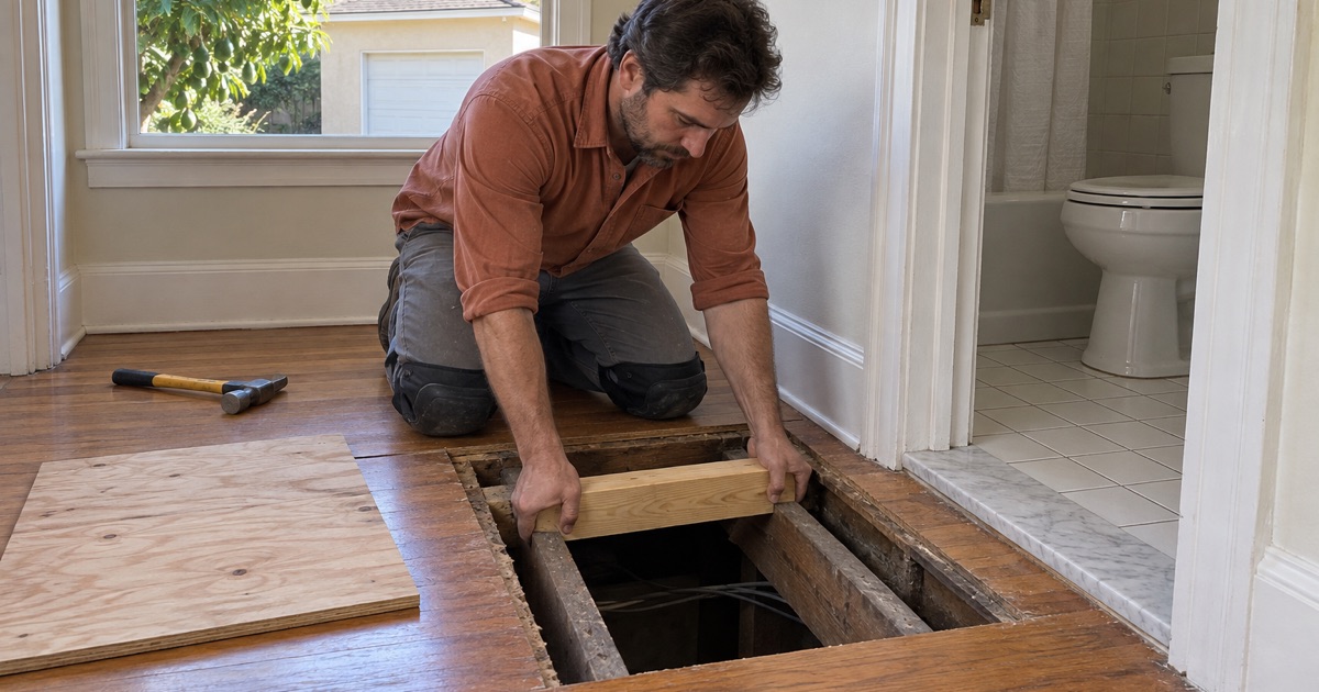 Worker fitting a length of new lumber blocking between exposed floor joists where damaged subfloor was cut out of a Baldwin Park house.