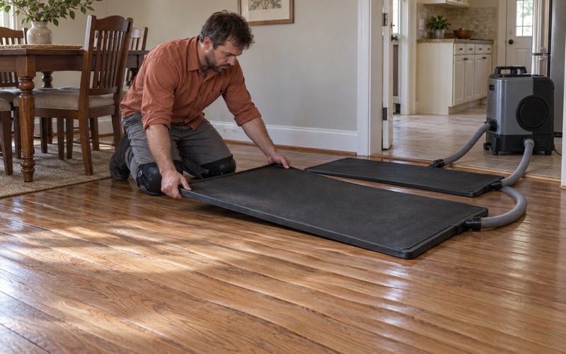 Worker placing a drying mat over cupped oak boards in a Baldwin Park kitchen doorway after a dishwasher leak.