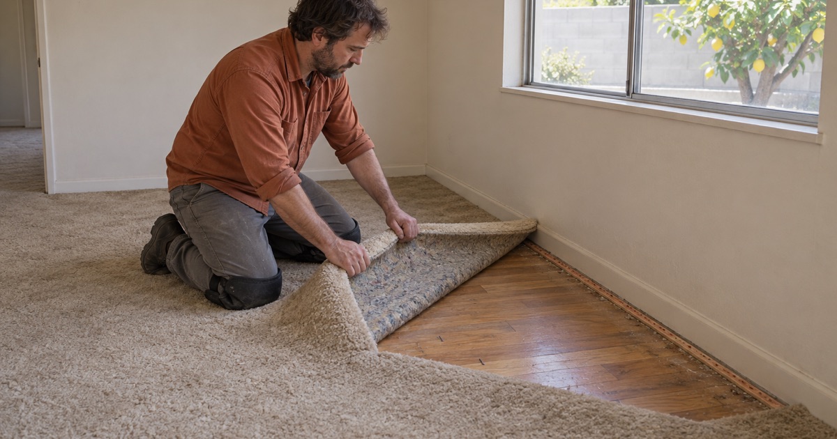 Worker folding back a corner of old carpet and pad in a Baldwin Park bedroom to show the oak strip flooring still underneath.
