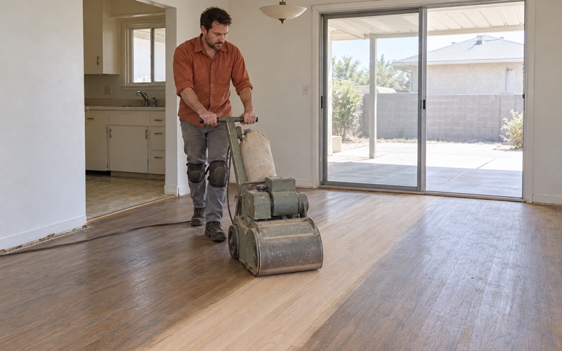 Worker walking a drum sander along red oak strip flooring in a Baldwin Park dining area, a clean band of bare wood opening behind the machine.