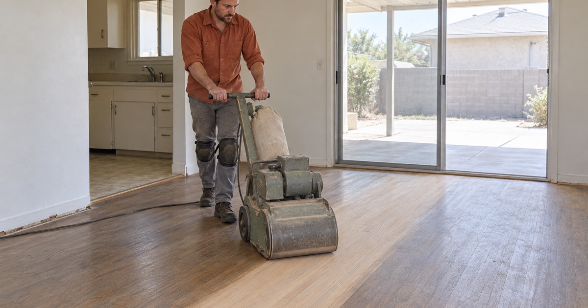 Worker walking a drum sander along red oak strip flooring in a Baldwin Park dining area, a clean band of bare wood opening behind the machine.