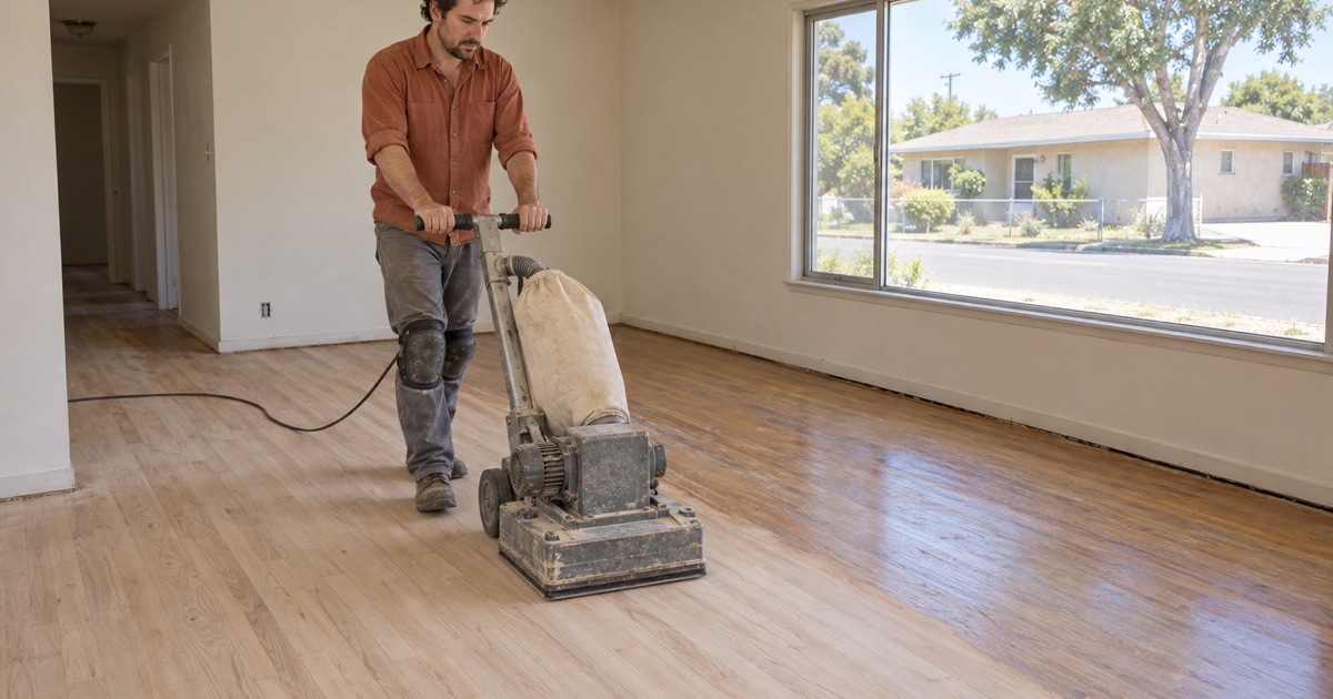 Worker guiding a square orbital floor sander across red oak strip flooring in the living room of a 1950s single-story stucco tract house in Baldwin Park.